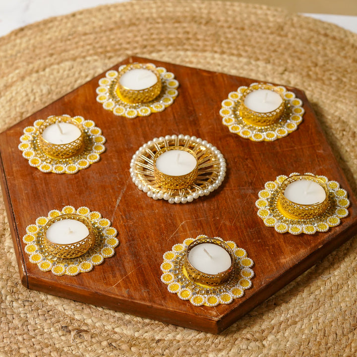 Handmade Beaded Yellow & White Tealight Holders | Set Of 7