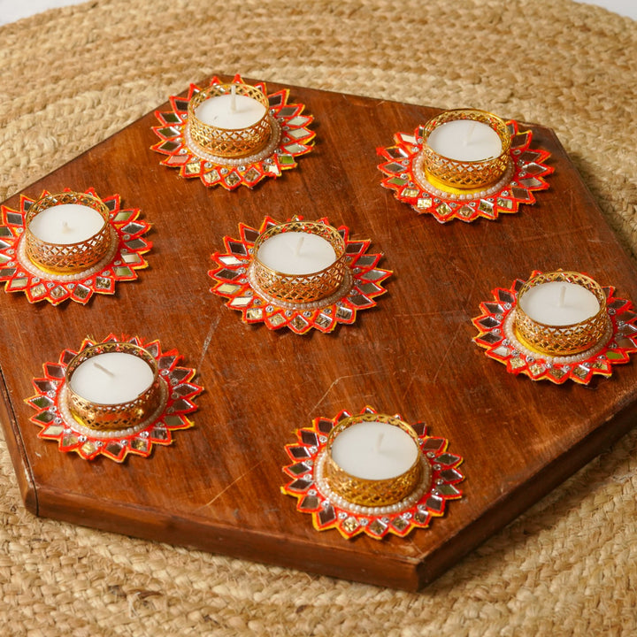 Handmade Mirror Work Red Tealight Holders | Set Of 7