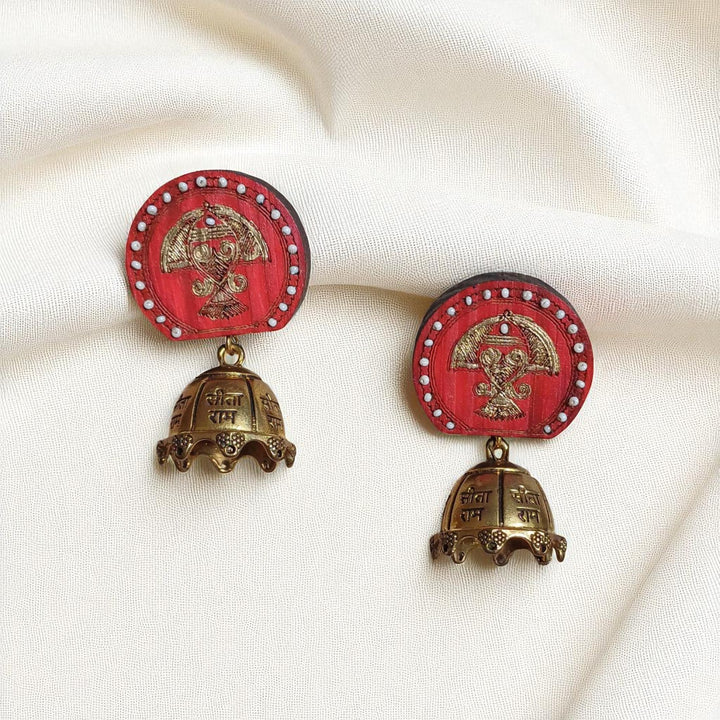Handmade Red Ram Sita Jhumka Wooden Earrings
