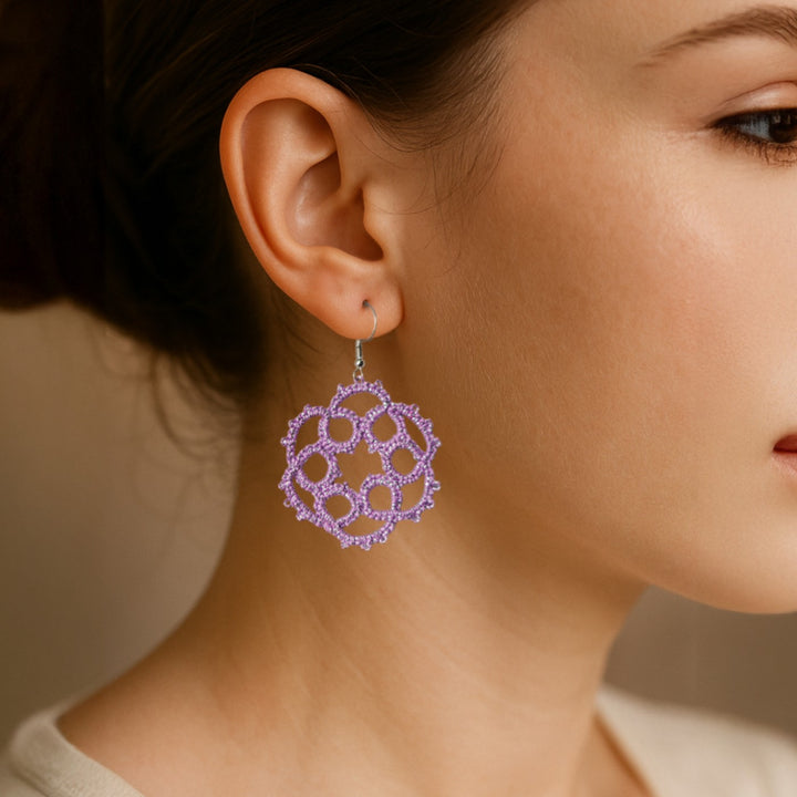 Handmade Tatting Violet Star Burst Cotton Metallic Earrings