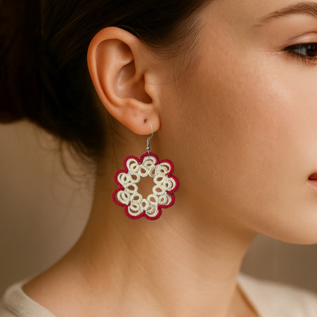 Handmade Tatting Two Layer Flower Cotton Earrings