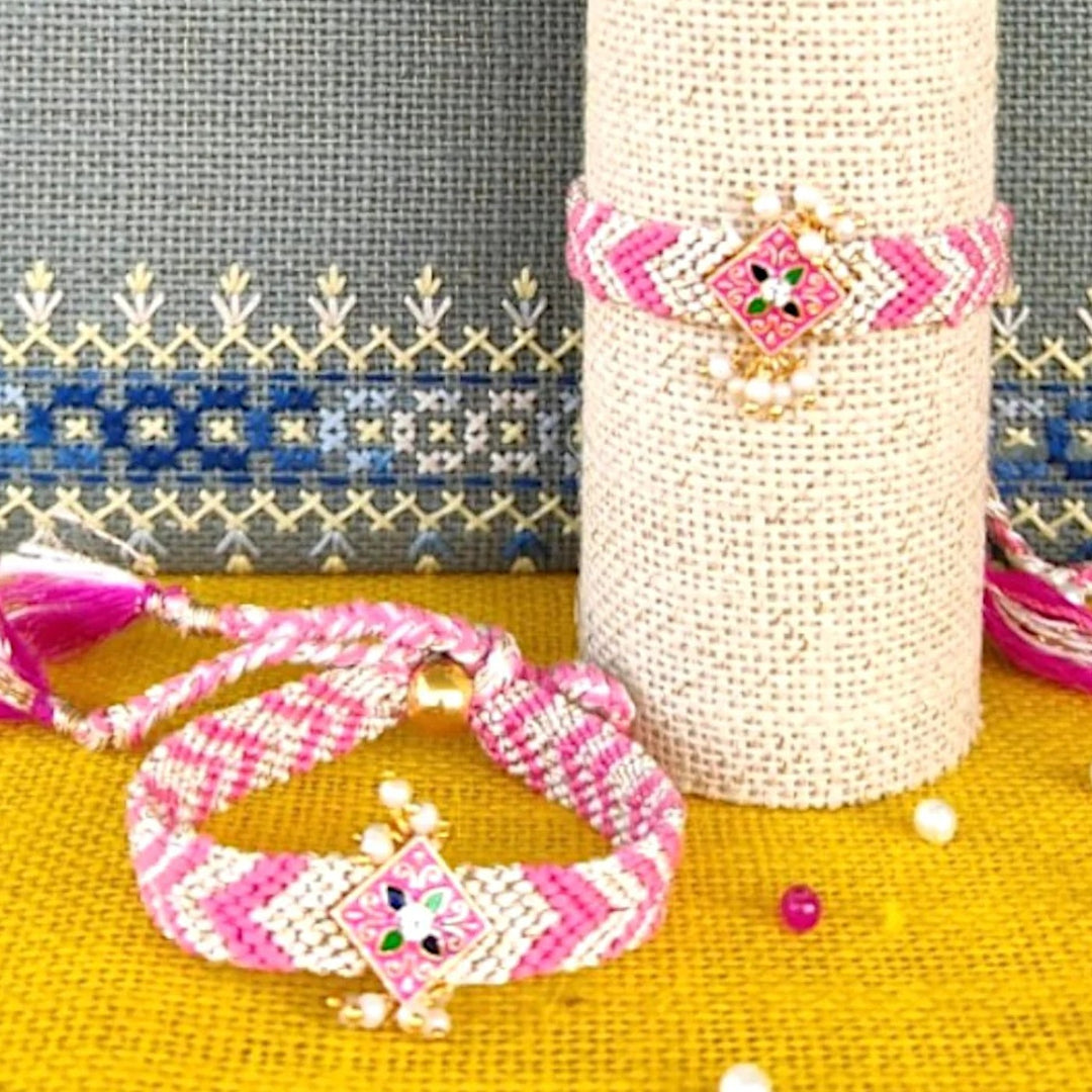 Handmade Beaded Pink With Stones Bhaiya Bhabhi Rakhi With Roli Chawal | Set Of 2
