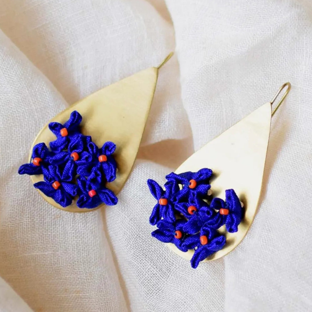 Handmade Textile Art Floral Drop Shaped Dupion Silk Fabric Earrings