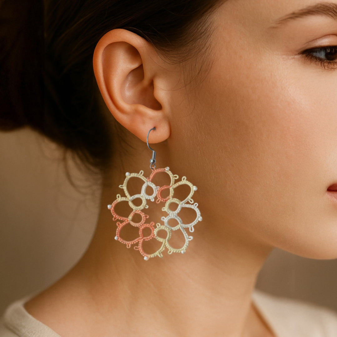 Handmade Tatting Flower Shaped Cotton Earrings