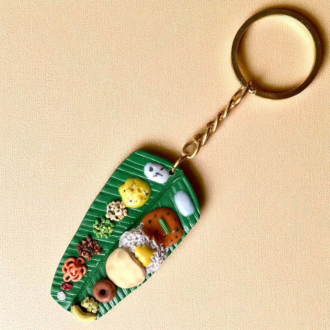 Handmade Polymer Clay South Indian Thali Gold Plated Keychain
