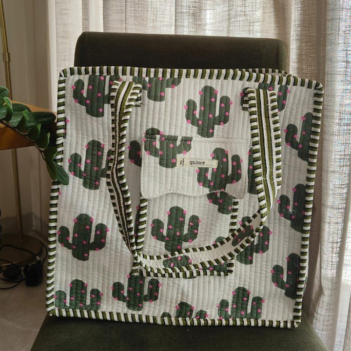 Handmade White & Green Cactus Cotton Tote Bag