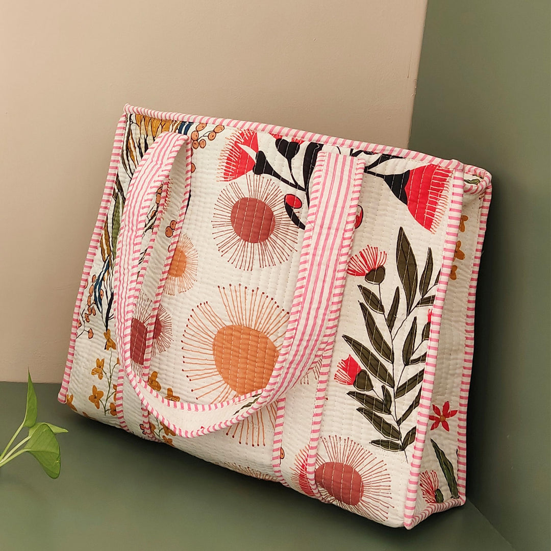 Handmade White Morning Meadows Cotton Tote Bag