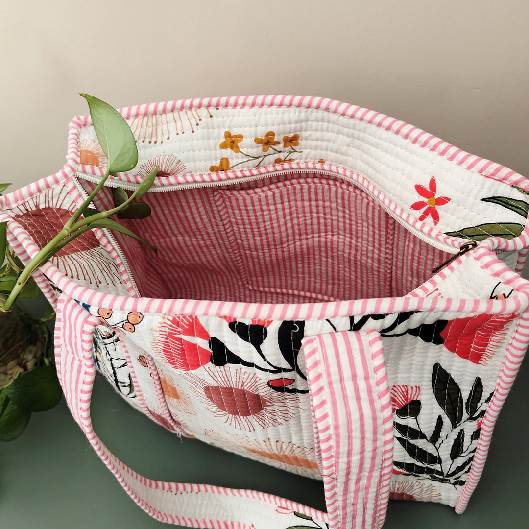 Handmade White Morning Meadows Cotton Tote Bag
