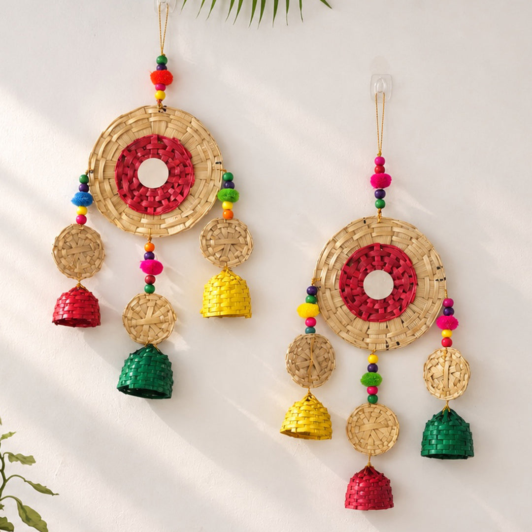 2 Pc | Handmade Woven Circular Basket Design Bamboo Hanging With Wooden Beads & Pom Poms