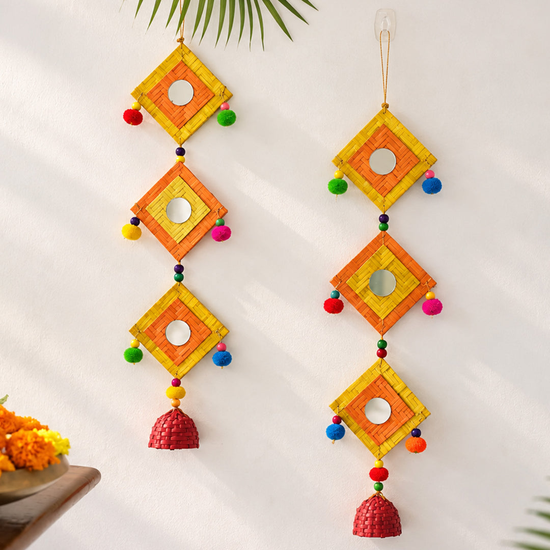 2 Pc | Handmade Woven Chatai Dual Colour Design Bamboo Hanging With Wooden Beads & Pom Poms