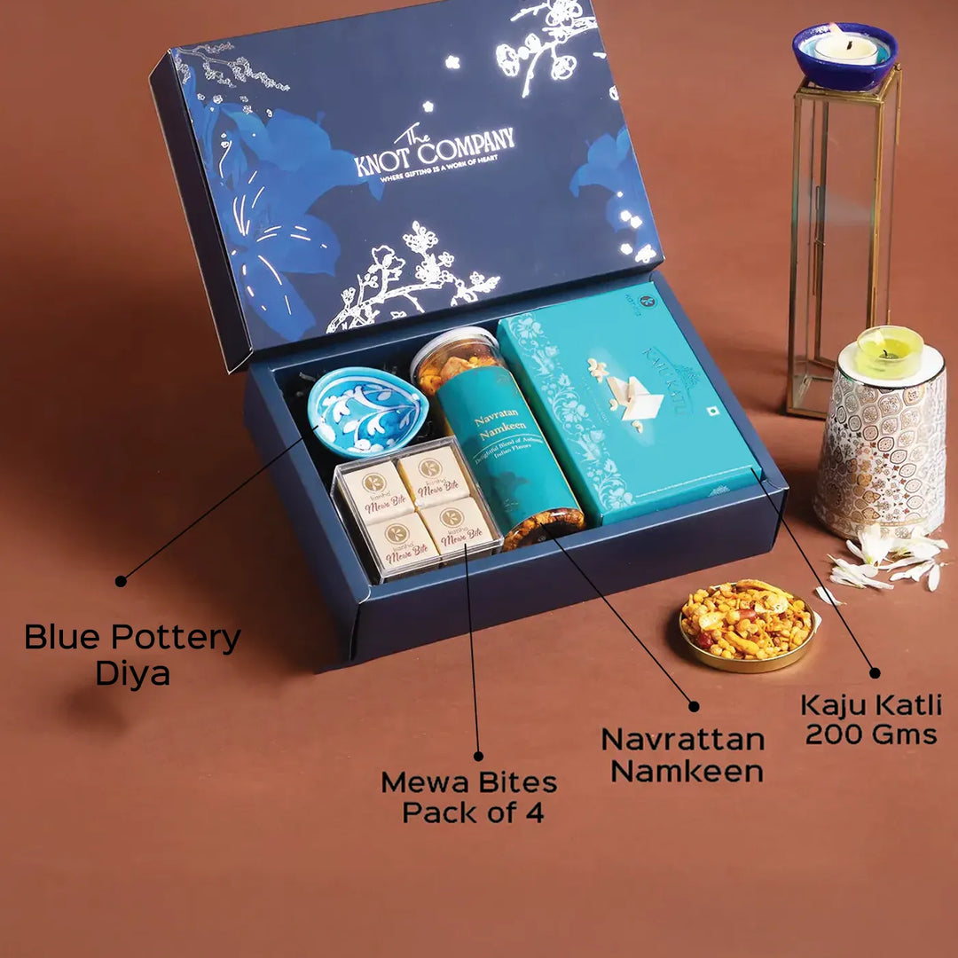 Bluetiful Festive Treats Diwali Gift Hamper | Includes 1 Diya, 1 Namkeen Jar, 1 Kaju Katli Box, 4 Mewa Bites, 1 Gift Box