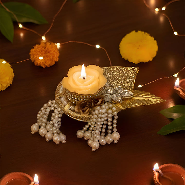 5 Inch | Handmade Beads & Kundan Golden Leaf Metal Tealight Holder