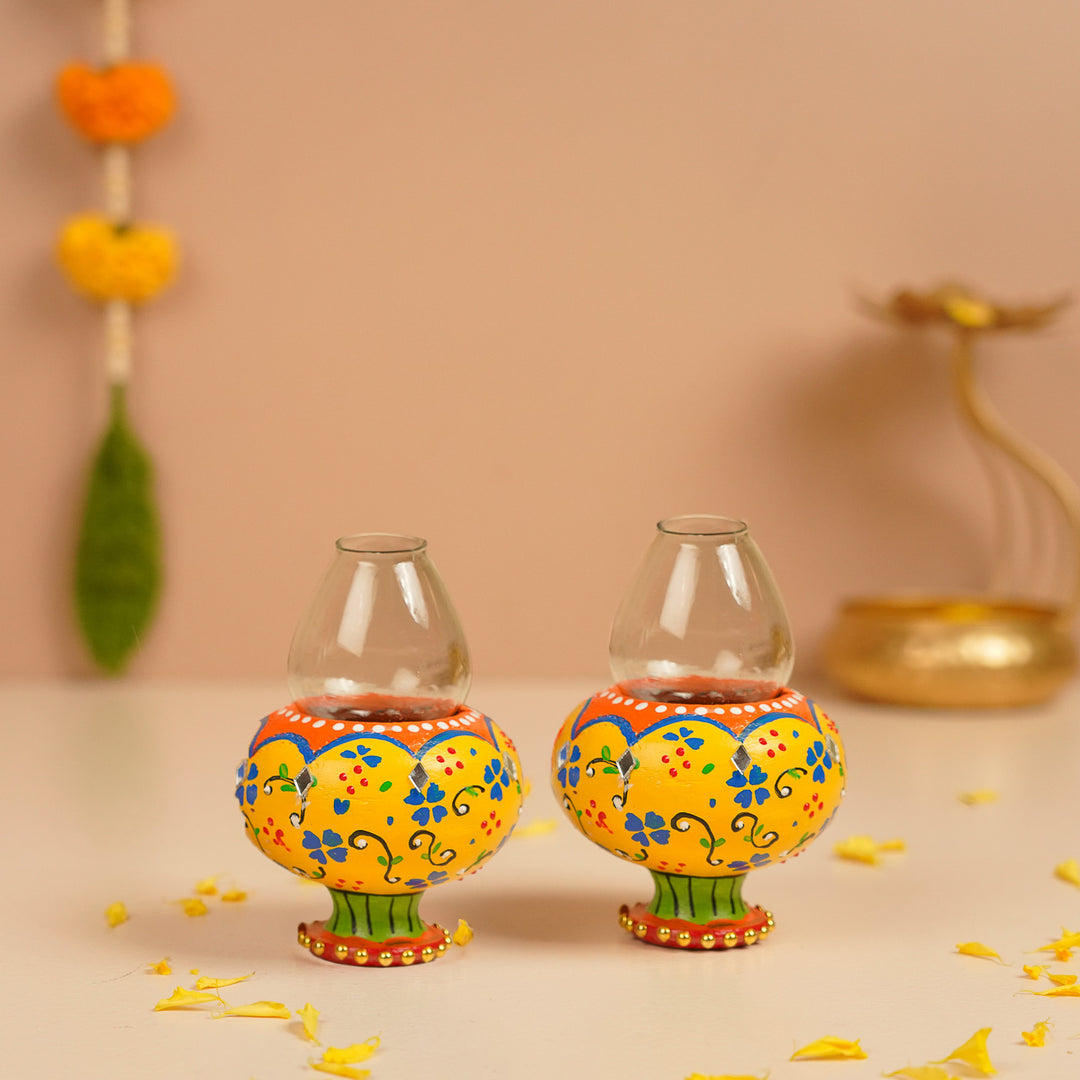 Hand-Painted Decorative Floral Terracotta Oil Lamp / Diya