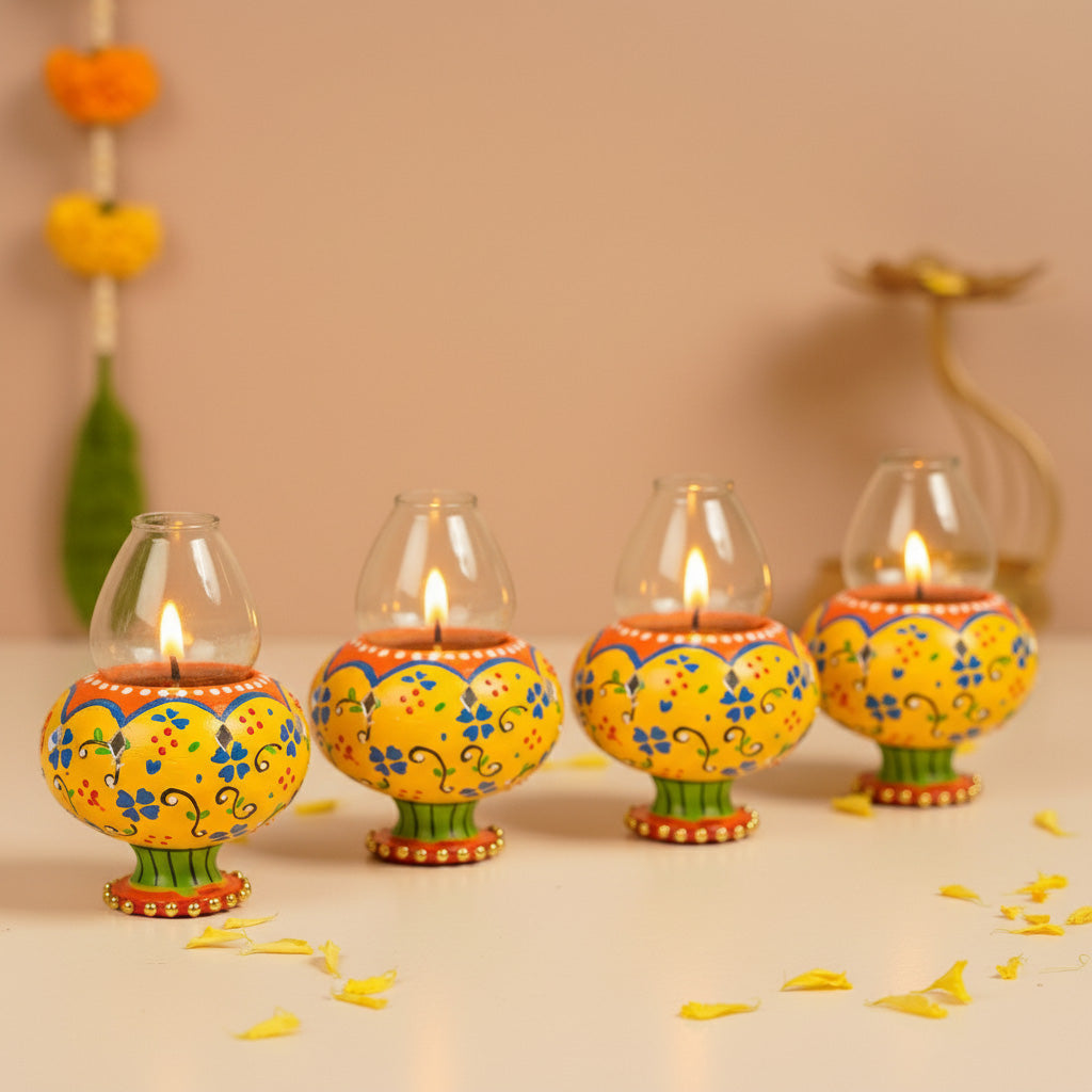 Hand-Painted Decorative Floral Terracotta Oil Lamp / Diya