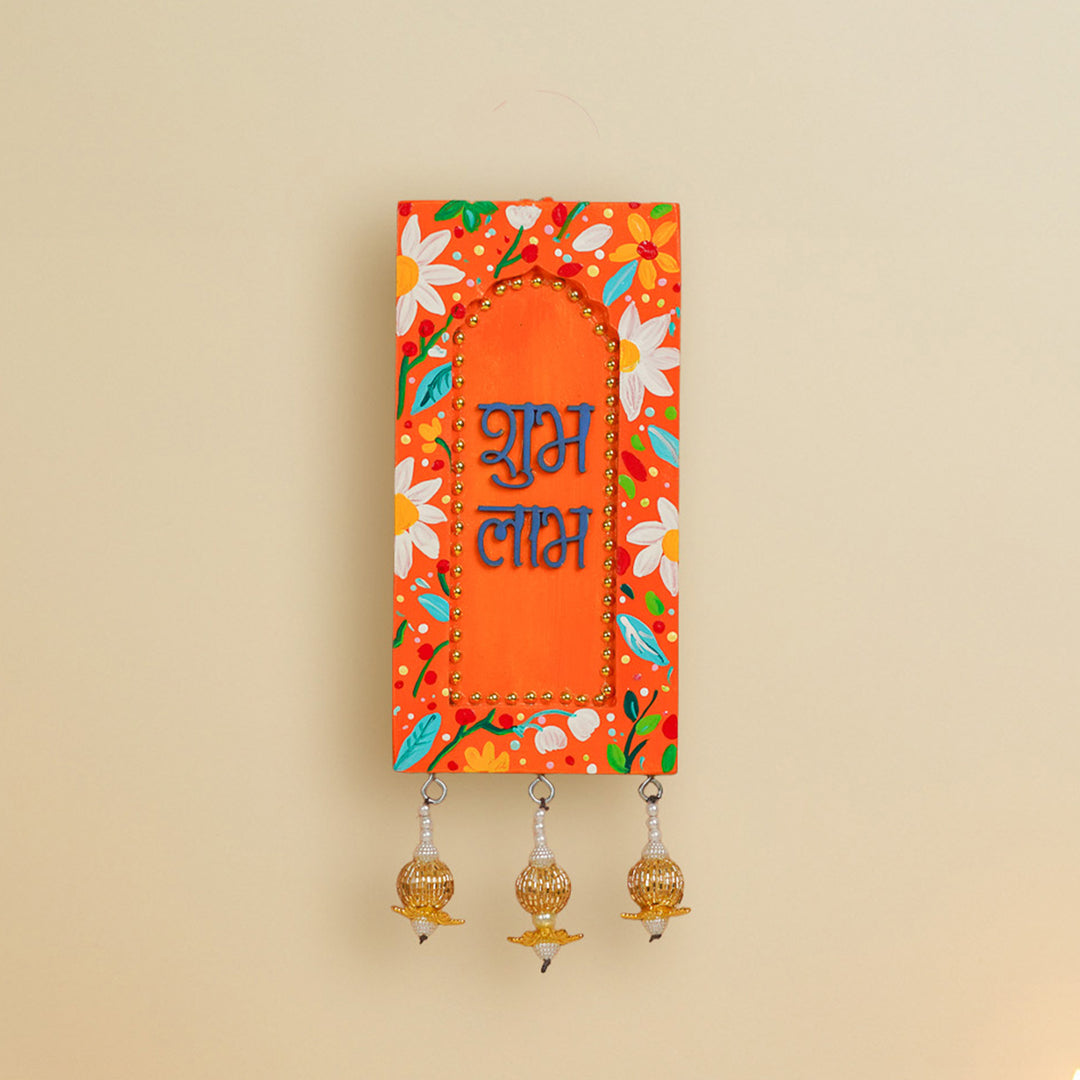 Hand-Painted Floral Shubh Labh Jharokha MDF Wood Hanging