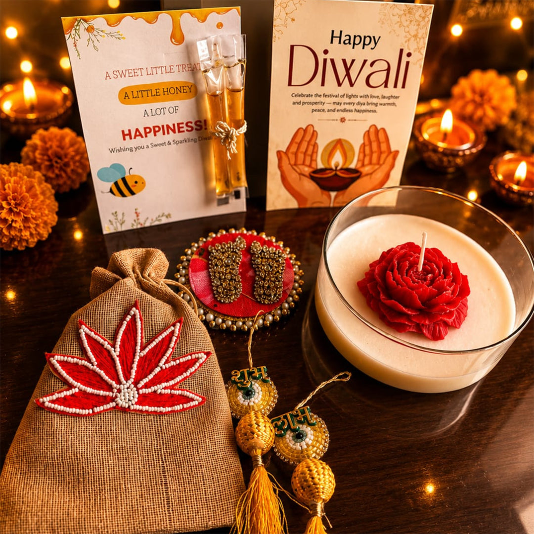Crimson Rose Soy Wax Scented Candle Diwali Gift Hamper With Shubh Labh Potli And Mata Laxmi Charan For Festive Gifting