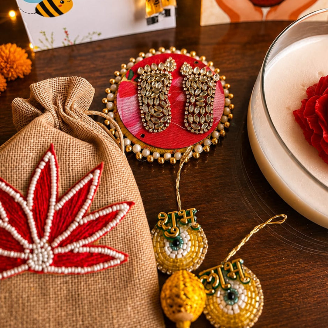 Crimson Rose Soy Wax Scented Candle Diwali Gift Hamper With Shubh Labh Potli And Mata Laxmi Charan For Festive Gifting