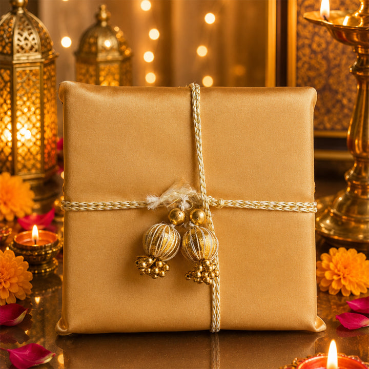 Green Chai & Diya Metal Jute Basket Diwali Gift Hamper With Tea Kettle, Mug And Matka Soy Wax Candle For Festive Gifting