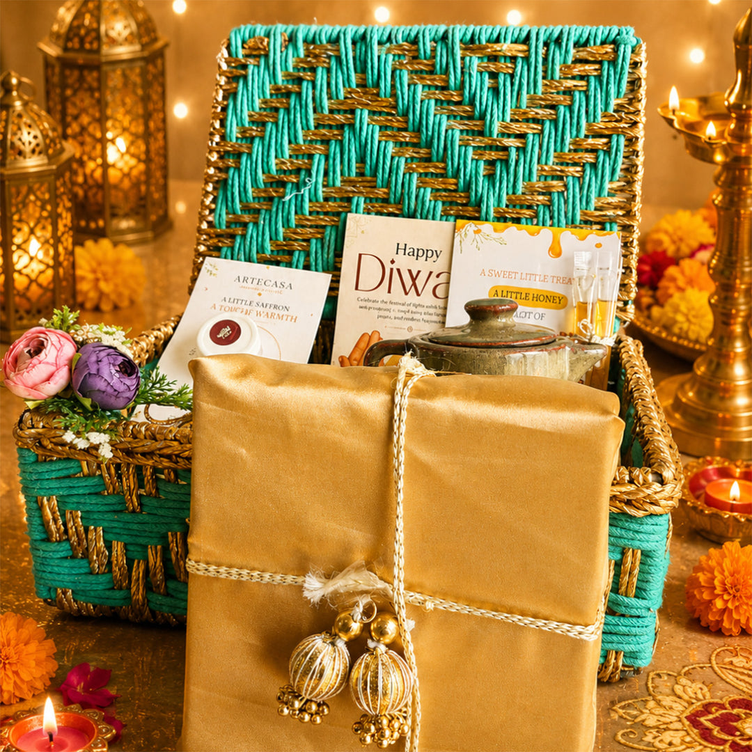 Green Chai & Diya Metal Jute Basket Diwali Gift Hamper With Tea Kettle, Mug And Matka Soy Wax Candle For Festive Gifting