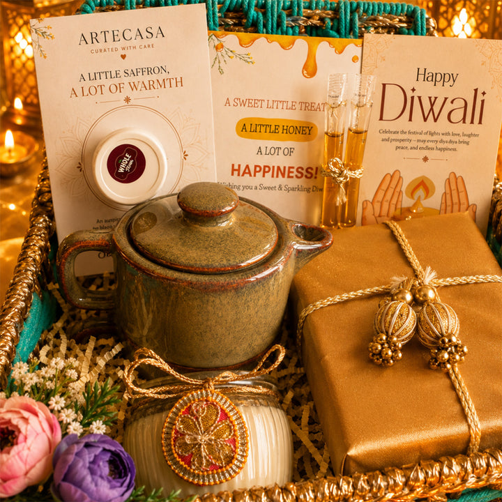 Green Chai & Diya Metal Jute Basket Diwali Gift Hamper With Tea Kettle, Mug And Matka Soy Wax Candle For Festive Gifting