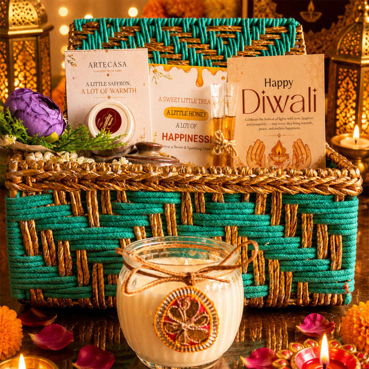 Green Chai & Diya Metal Jute Basket Diwali Gift Hamper With Tea Kettle, Mug And Matka Soy Wax Candle For Festive Gifting
