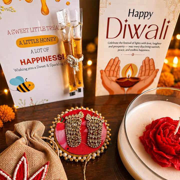 Crimson Rose Soy Wax Scented Candle Diwali Gift Hamper With Shubh Labh Potli And Mata Laxmi Charan For Festive Gifting