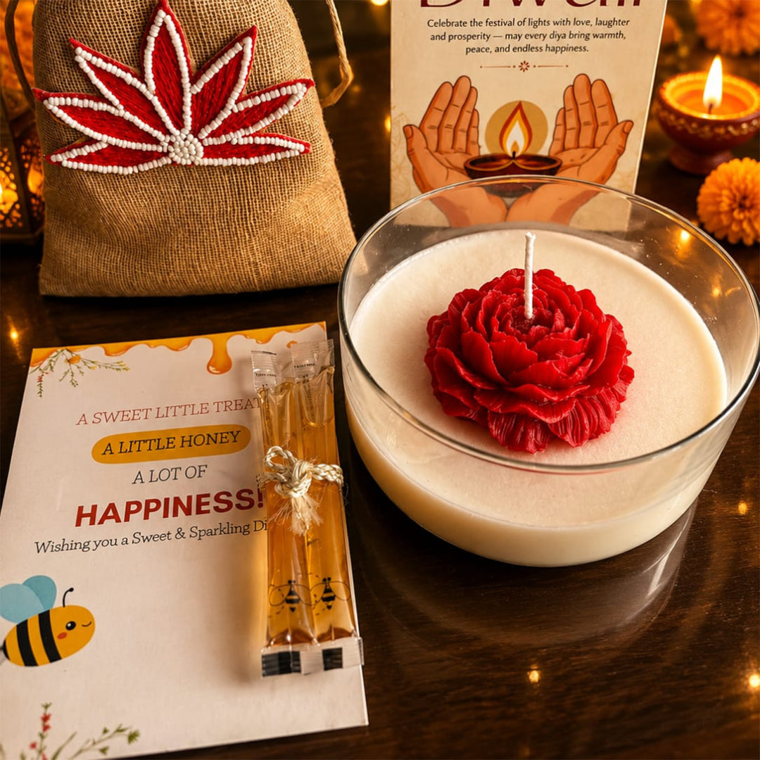 Crimson Rose Soy Wax Scented Candle Diwali Gift Hamper With Shubh Labh Potli And Mata Laxmi Charan For Festive Gifting