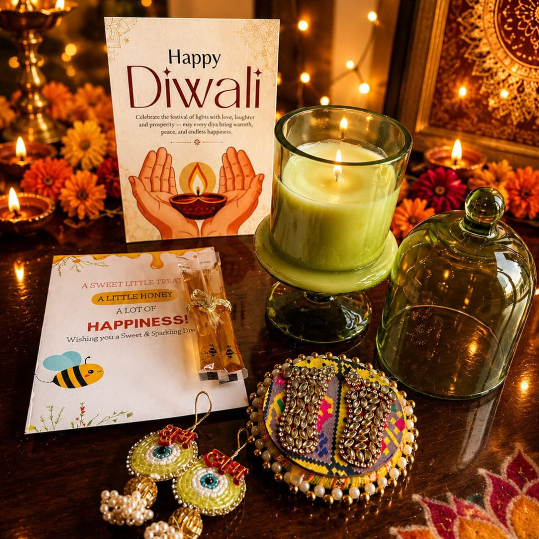 Emerald Glow Green Stand Candle Diwali Gift Hamper With Shubh Labh And Mata Laxmi Charan For Festive Gifting