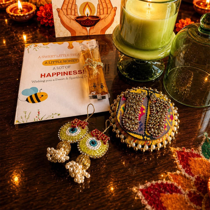 Emerald Glow Green Stand Candle Diwali Gift Hamper With Shubh Labh And Mata Laxmi Charan For Festive Gifting
