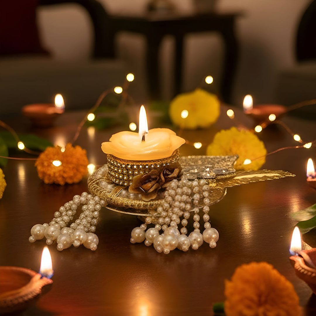 5 Inch | Handmade Beads & Kundan Golden Leaf Metal Tealight Holder