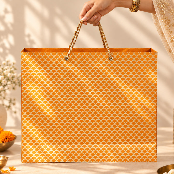 "Fishscale" Handmade Golden Screen Printed Large Paper Bag For Festive Gifting