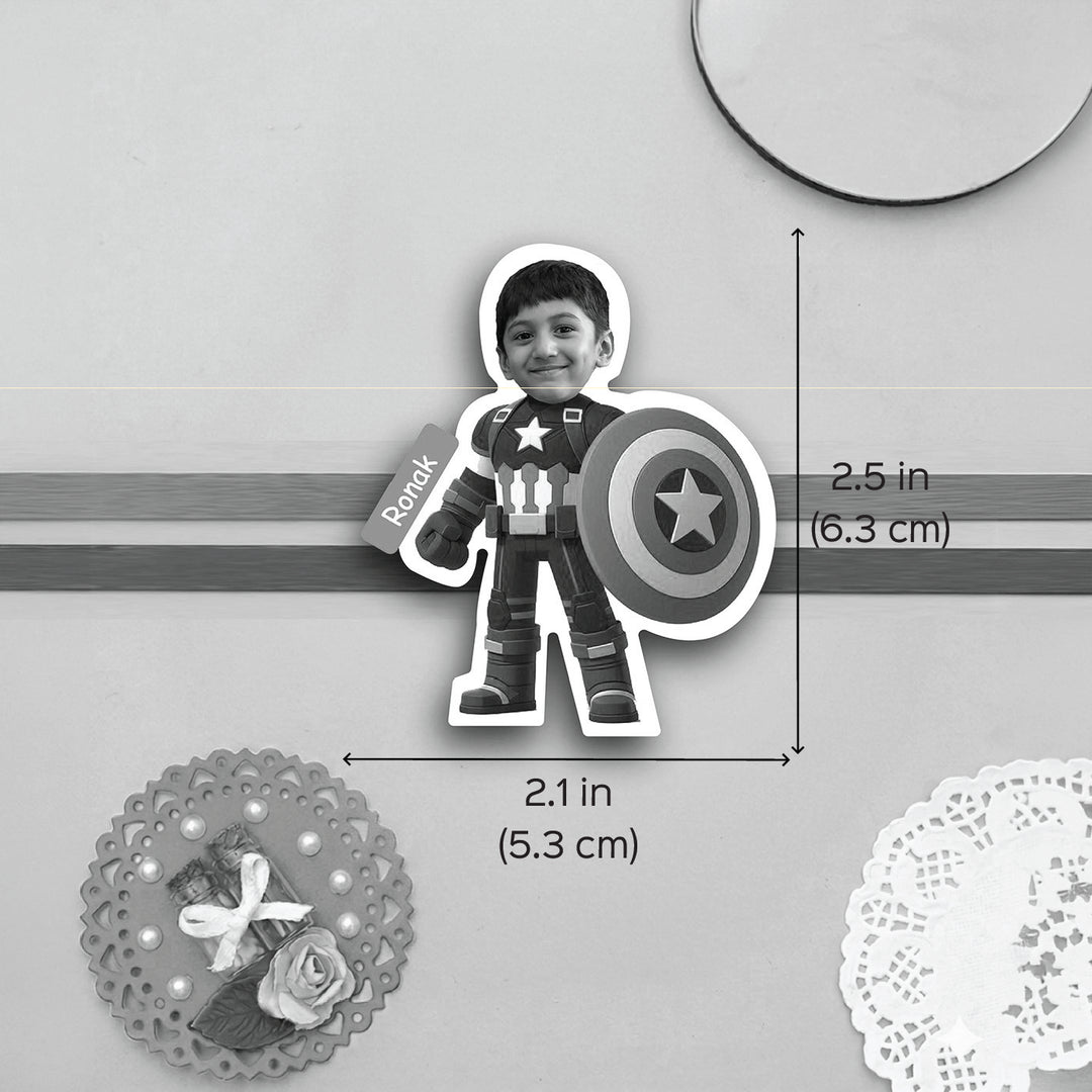 Photo Personalized Handmade Reusable Caricature Captain America Mdf Wood Kids Rakhi With Roli Chawal
