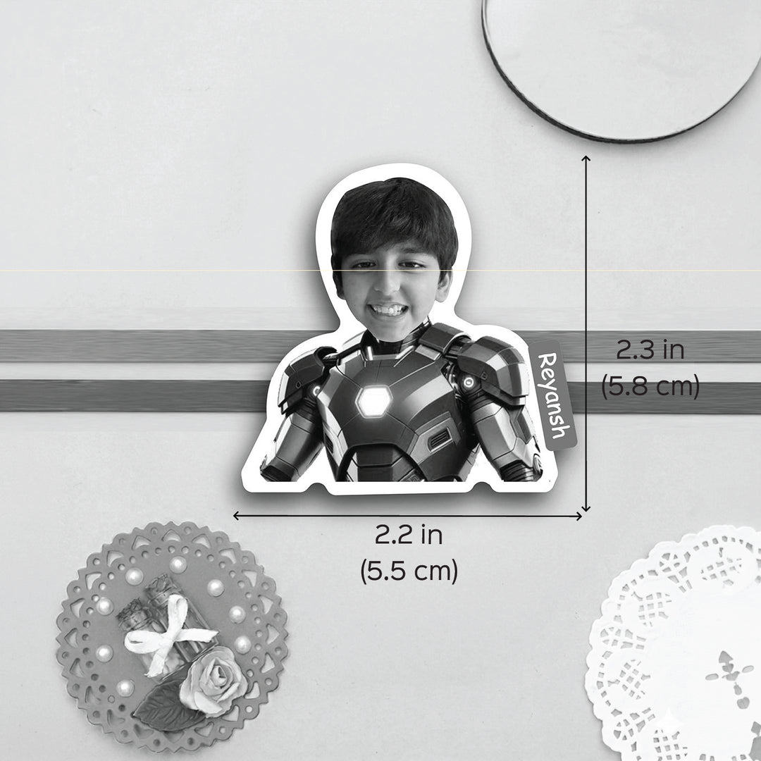 Photo Personalized Handmade Reusable Caricature Iron Man Mdf Wood Kids Rakhi With Roli Chawal
