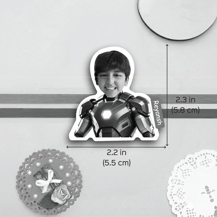 Photo Personalized Handmade Reusable Caricature Iron Man Mdf Wood Kids Rakhi With Roli Chawal