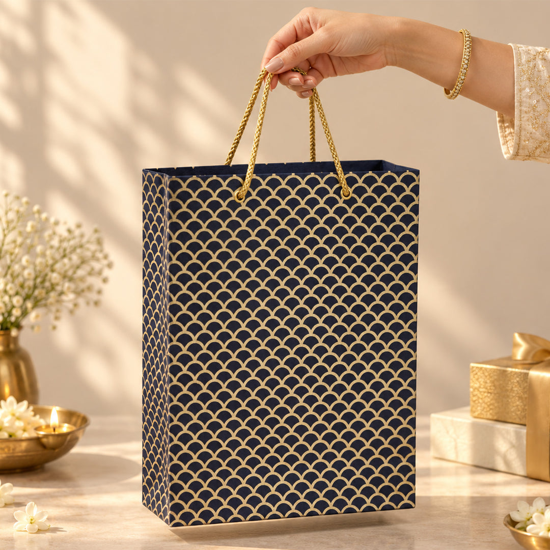 "Fishscale" Handmade Golden Screen Printed Small Paper Bag For Festive Gifting
