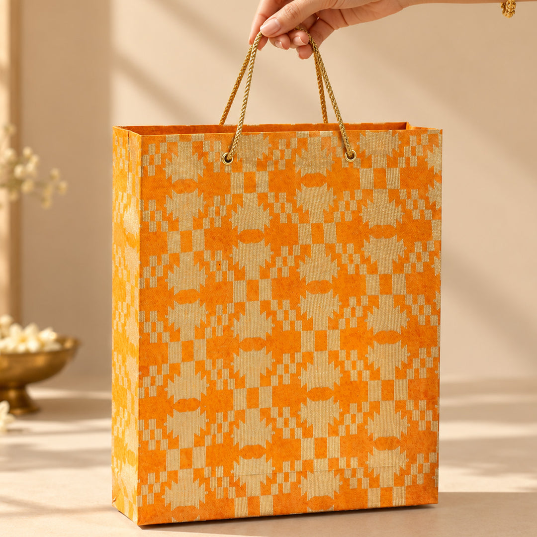 "Maze Puzzle" Jamdani Handmade Golden Screen Printed Medium Paper Bag For Festive Gifting