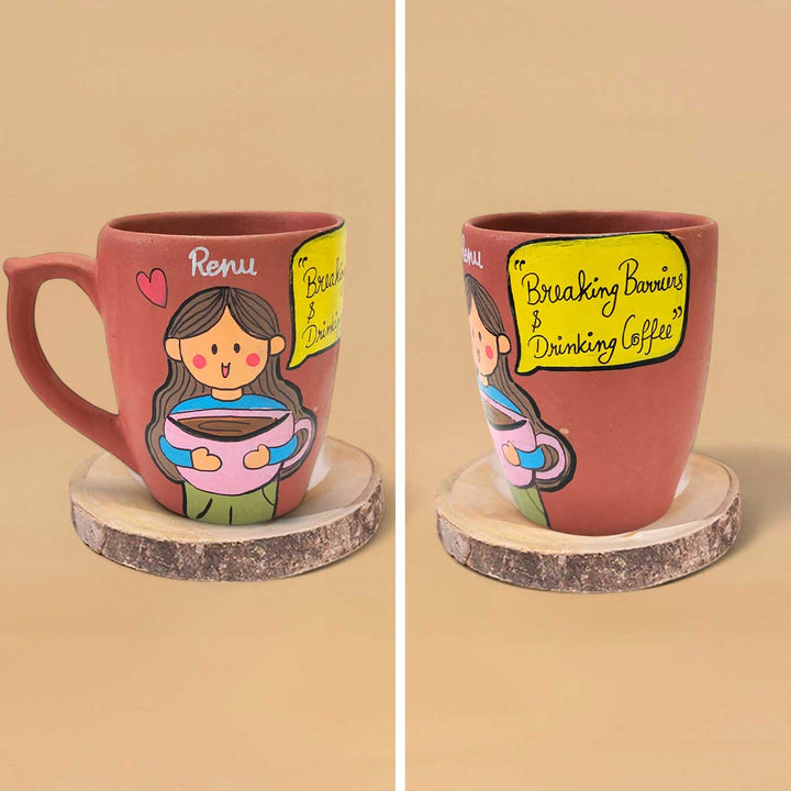 Handpainted Personalised 3D Terracotta Mug with Tea/Coffee Lover Avatar Illustrations and Quote