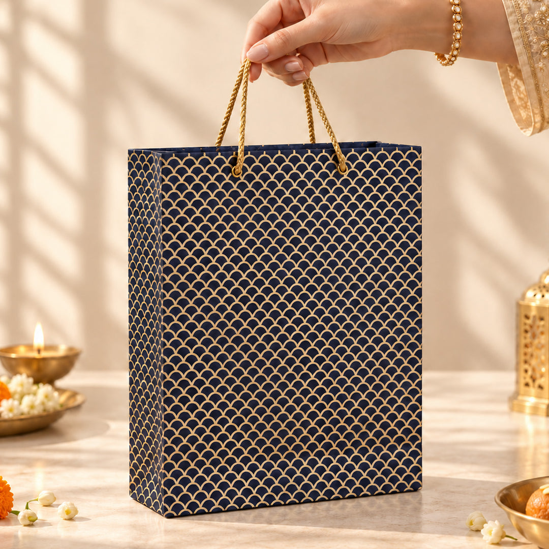 "Fishscale" Handmade Golden Screen Printed Medium Paper Bag For Festive Gifting