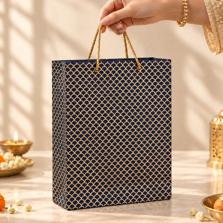"Fishscale" Handmade Golden Screen Printed Medium Paper Bag For Festive Gifting