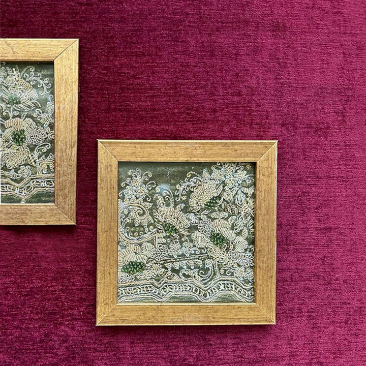 Handcrafted Zardozi Glass & MDF Frame Coasters I Set of 2