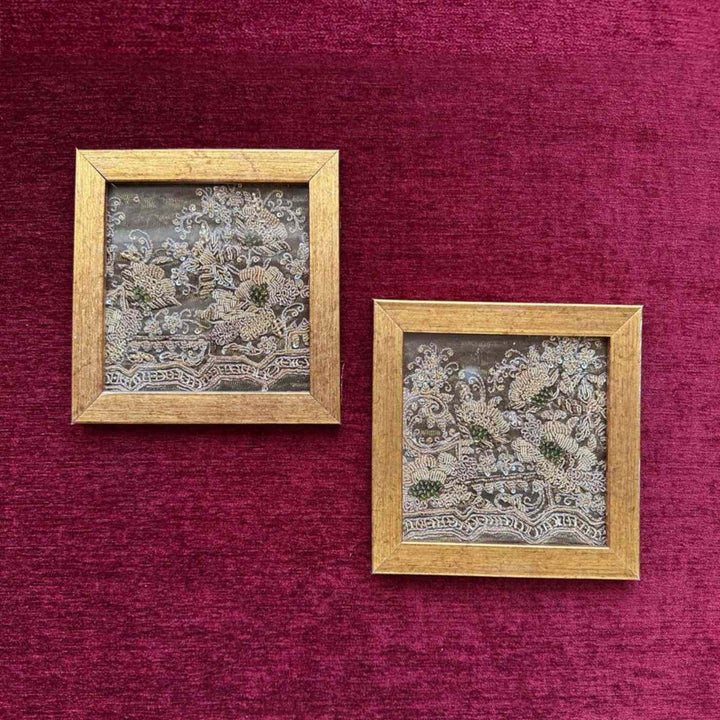 Handcrafted Zardozi Glass & MDF Frame Coasters I Set of 2