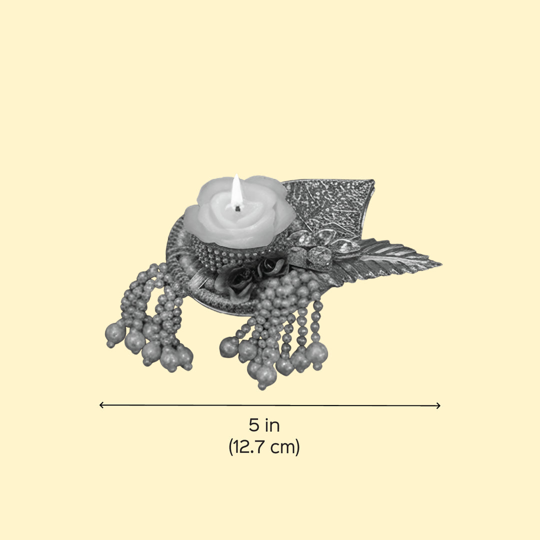 5 Inch | Handmade Beads & Kundan Golden Leaf Metal Tealight Holder