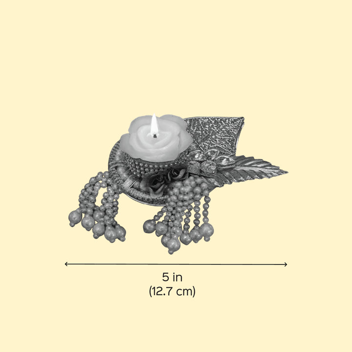5 Inch | Handmade Beads & Kundan Golden Leaf Metal Tealight Holder