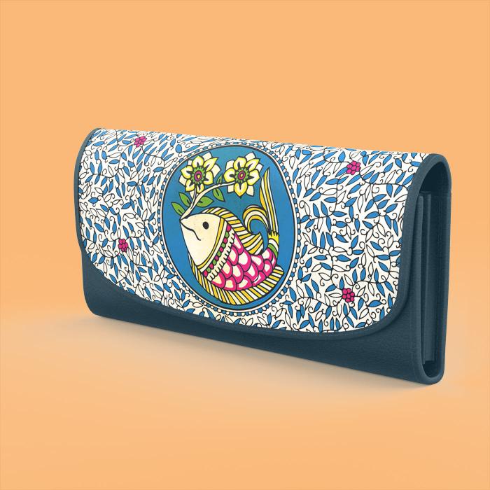 Navy Blue Wallet with Madhubani FIsh