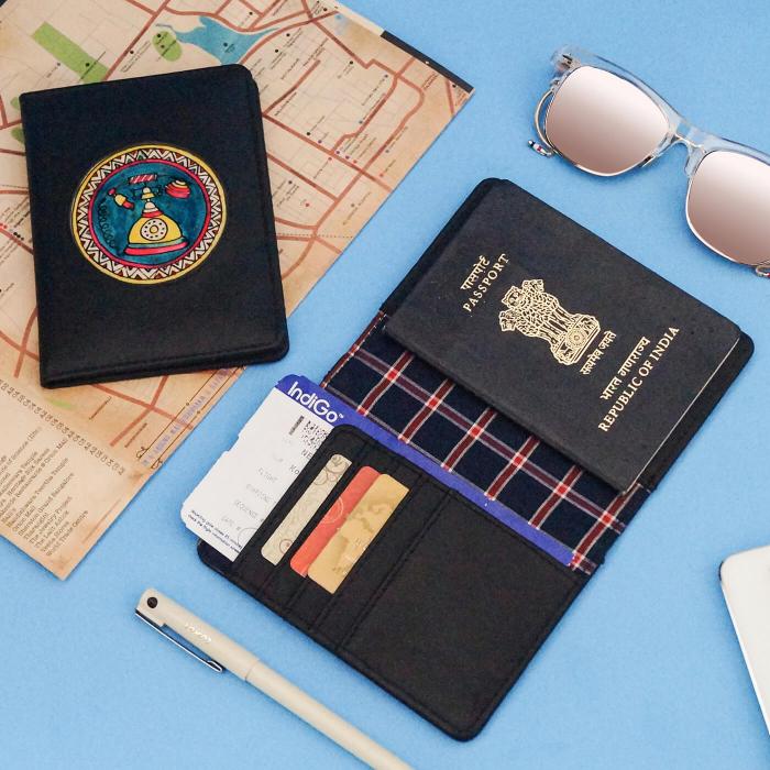 Black Passport Cover with Vintage Phone Design