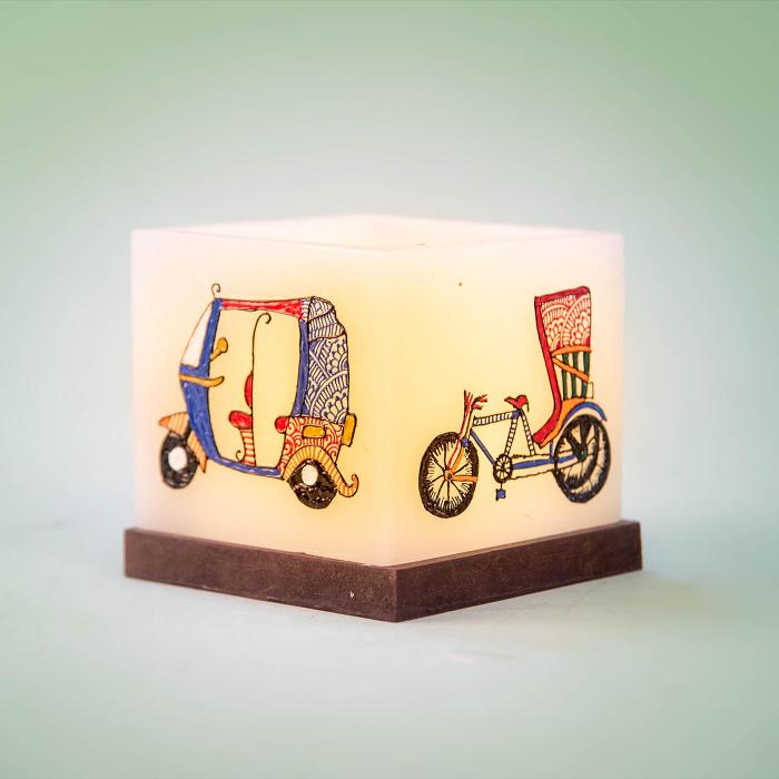 Medium Cuboid Hollow Candle with Colorful Auto and Rickshaw Artwork - Zwende