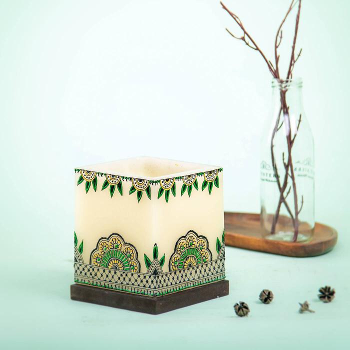 Large Hollow Cuboid Candle with Green & Yellow Mehendi Art