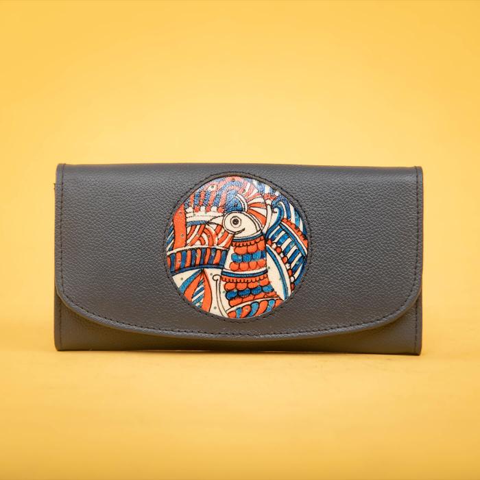Navy Blue Classic Flap Wallet with Peacock Art