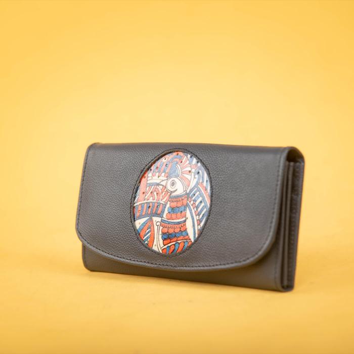 Navy Blue Classic Flap Wallet with Peacock Art