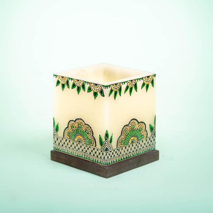 Large Hollow Cuboid Candle with Green & Yellow Mehendi Art